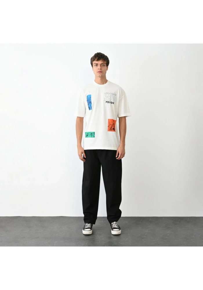 Erkek  Bisiklet Yaka Baskılı Oversize T-Shirt - Beyaz