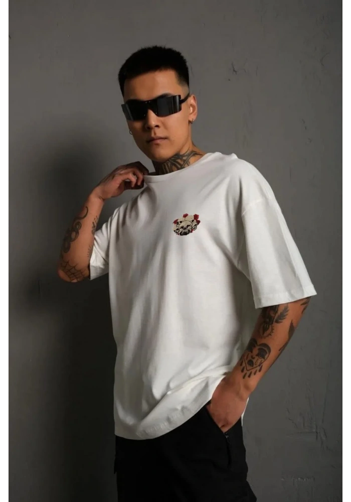 Erkek Bisiklet Yaka Baskılı Oversize T-Shirt - Beyaz