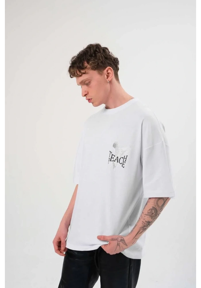 Erkek Bisiklet Yaka Baskılı Oversize T-Shirt - Beyaz