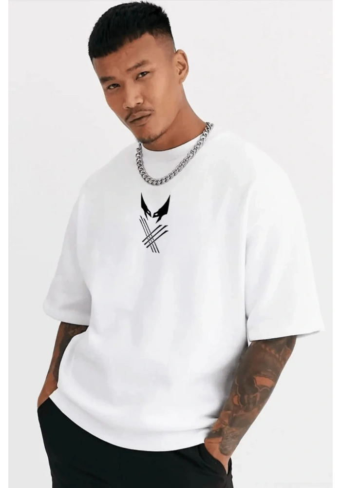 ERKEK Bisiklet Yaka Baskılı Oversize T-Shirt - Beyaz