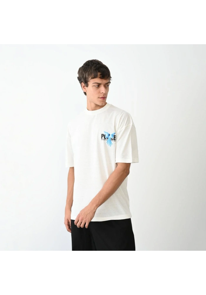 Erkek Bisiklet Yaka Baskılı Oversize T-Shirt - Beyaz