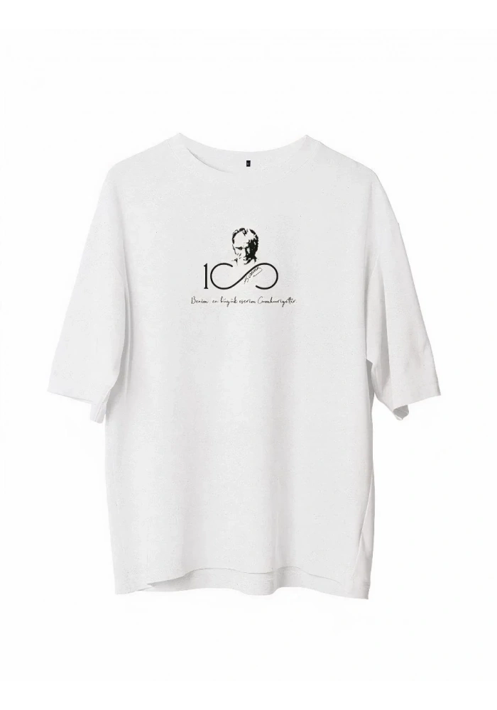 Erkek  Bisiklet Yaka Baskılı Oversize T-Shirt - Beyaz