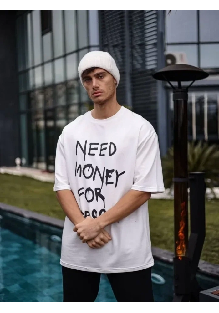 Unisex Bisiklet Yaka Baskılı Oversize T-Shirt - Beyaz