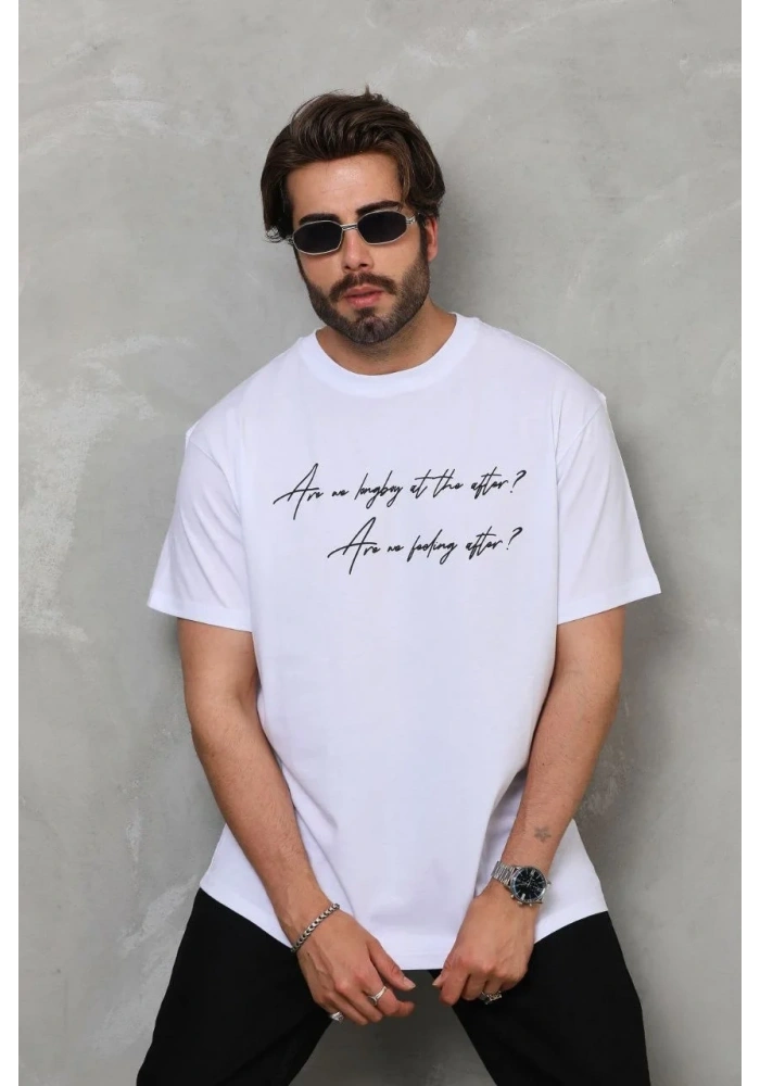 Erkek  Bisiklet Yaka Baskılı Oversize T-Shirt - Beyaz