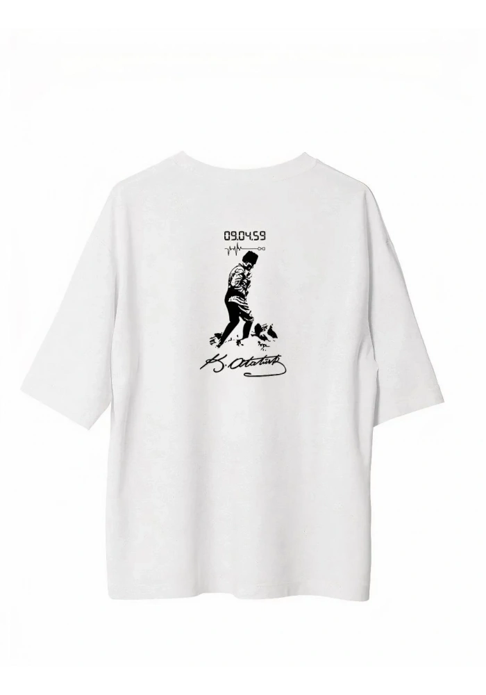 Erkek Bisiklet Yaka Baskılı Oversize T-Shirt - Beyaz
