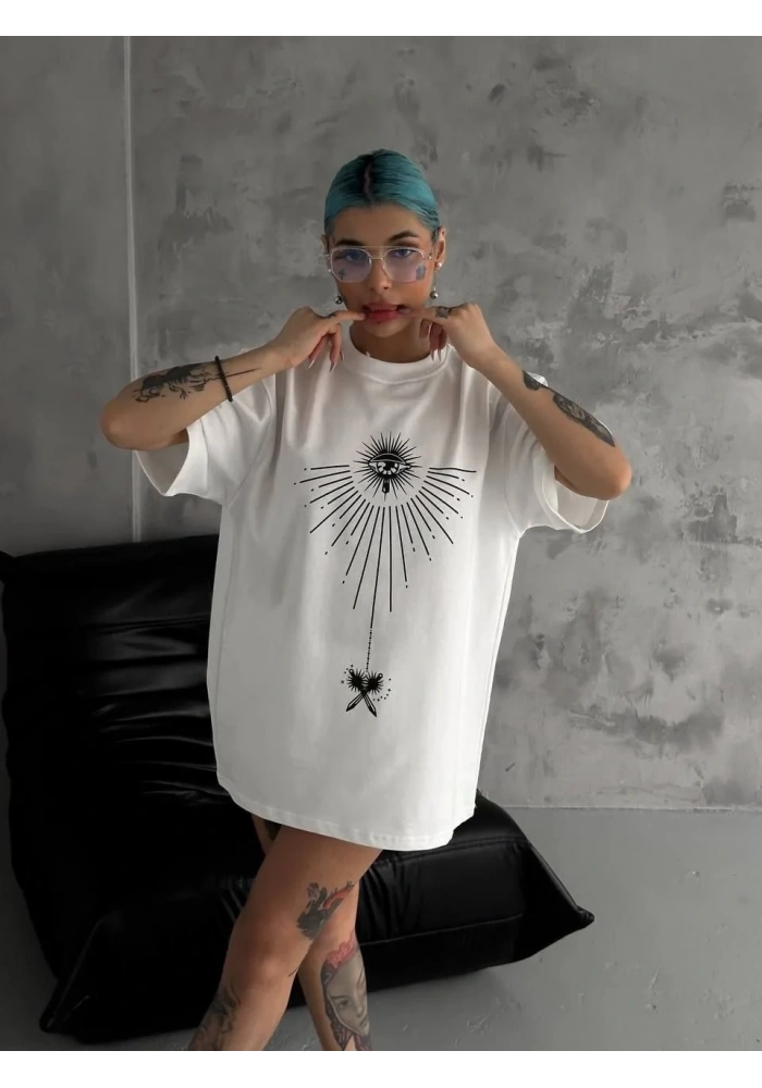 kadın Bisiklet Yaka Baskılı Oversize T-Shirt - Beyaz