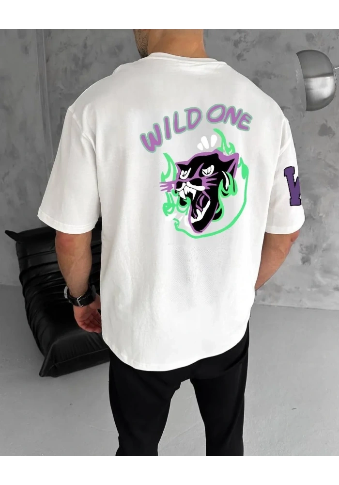 Erkek  Bisiklet Yaka Baskılı Oversize T-Shirt - Beyaz