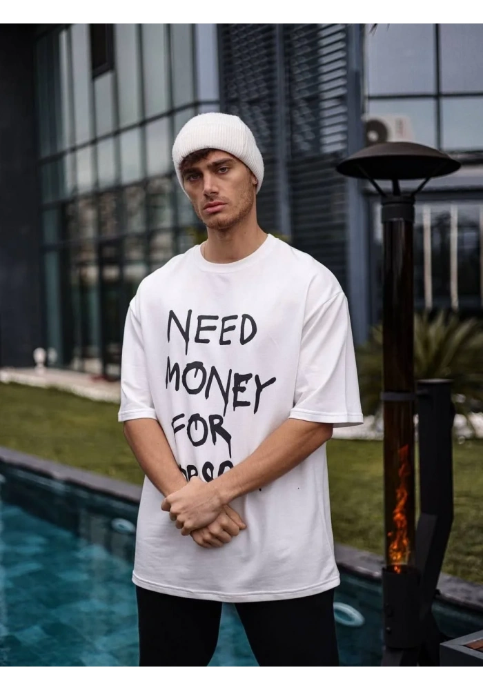 ERKEK Bisiklet Yaka Baskılı Oversize T-Shirt - Beyaz
