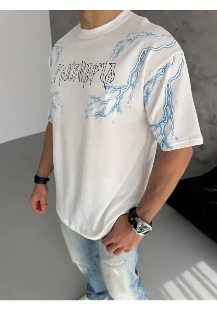 Unisex Bisiklet Yaka Baskılı Oversize T-Shirt - Beyaz