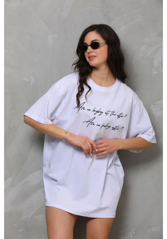 kadın Bisiklet Yaka Baskılı Oversize T-Shirt - Beyaz