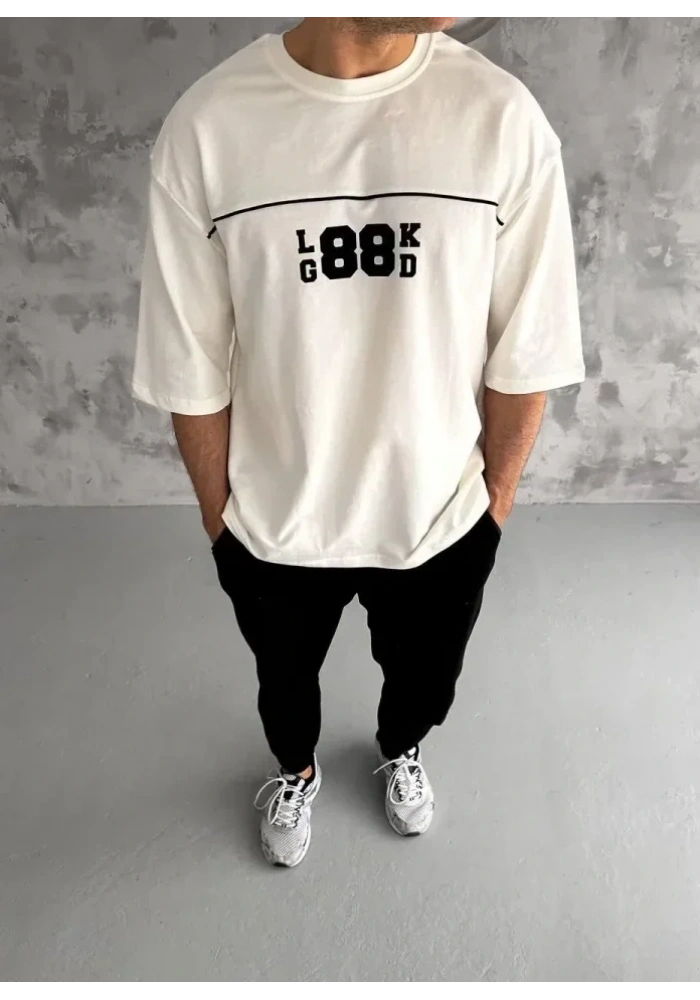 Unisex Bisiklet Yaka Baskılı Oversize T-Shirt - Beyaz