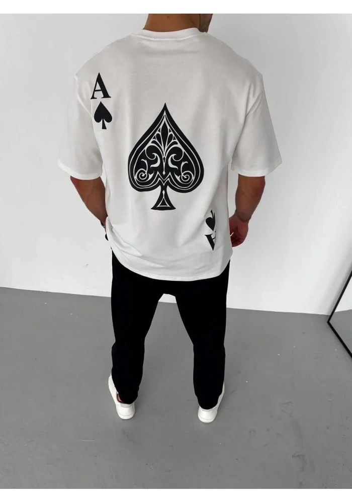 Erkek  Bisiklet Yaka Baskılı Oversize T-Shirt - Beyaz