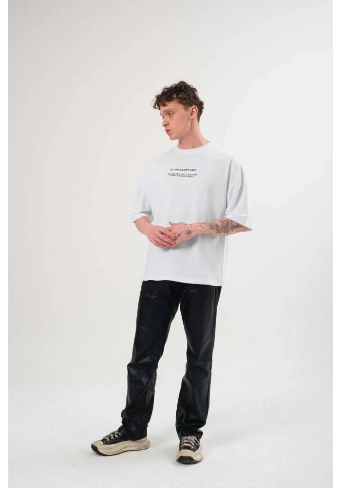 ERKEK Bisiklet Yaka Baskılı Oversize T-Shirt - Beyaz