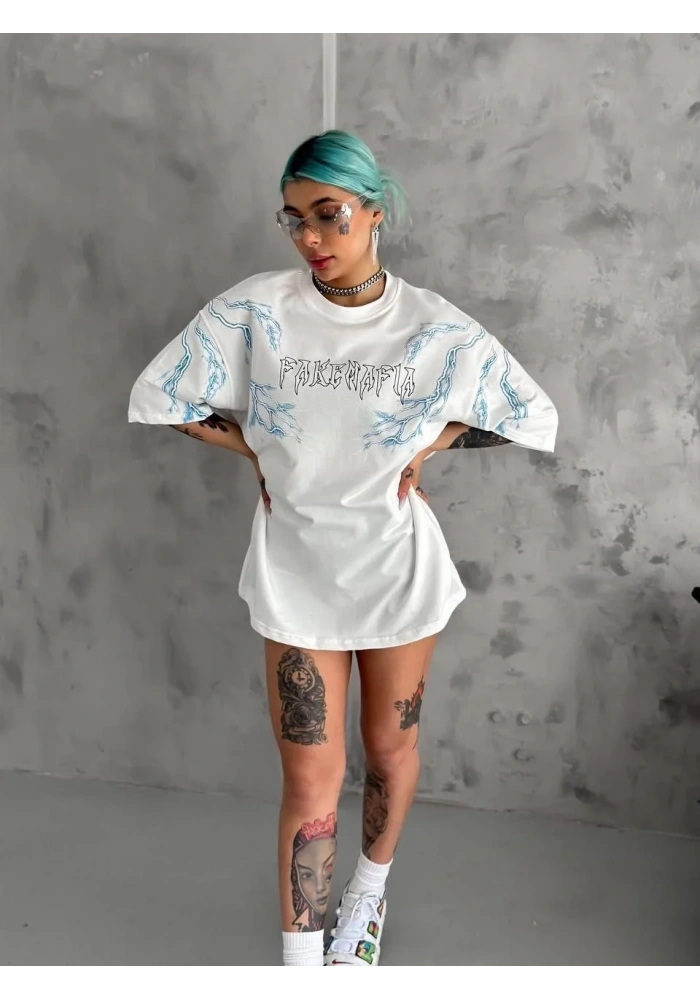 kadın Bisiklet Yaka Baskılı Oversize T-Shirt - Beyaz