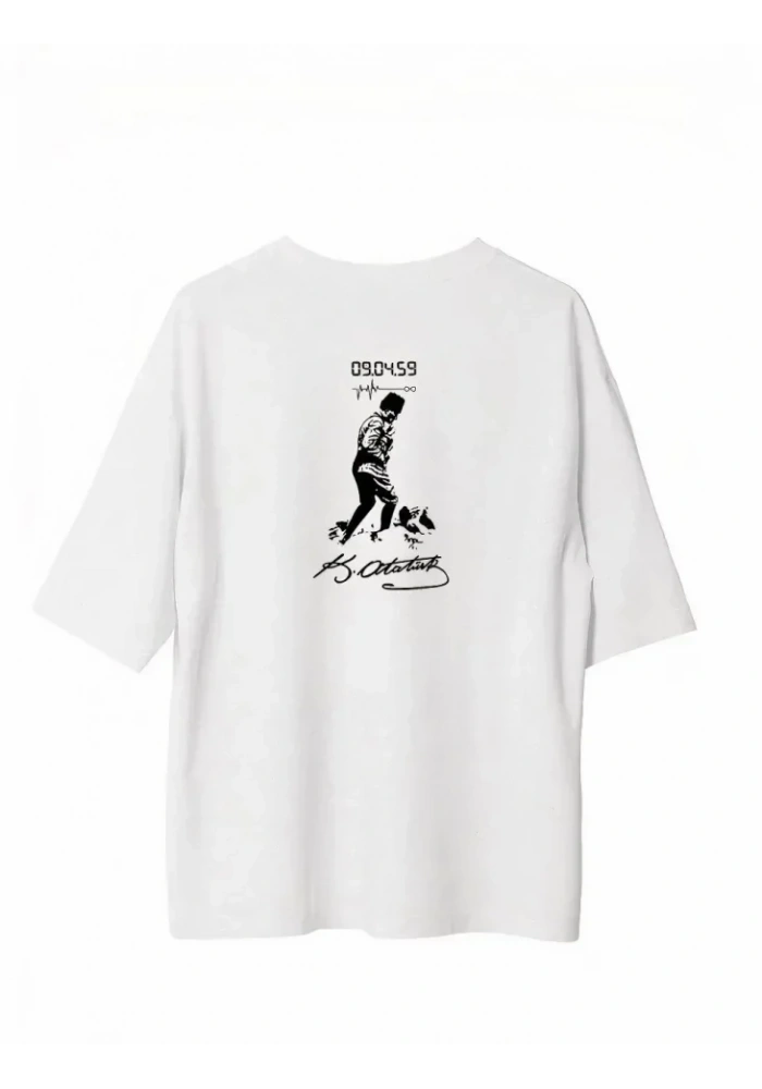 Unisex Bisiklet Yaka Baskılı Oversize T-Shirt - Beyaz
