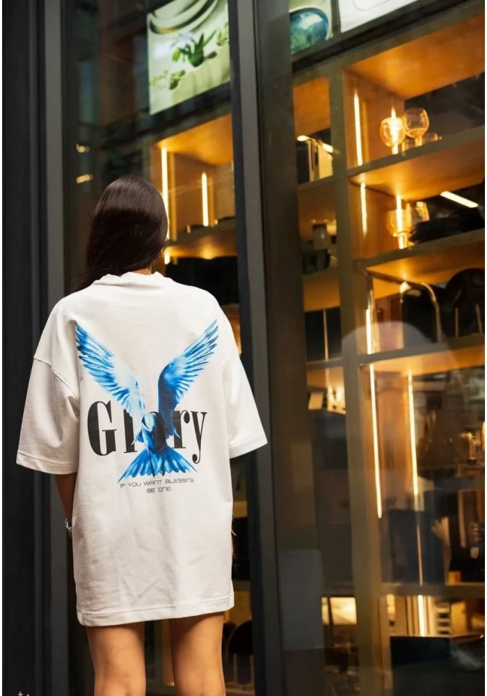 kadın  Bisiklet Yaka Baskılı Oversize T-Shirt - Beyaz