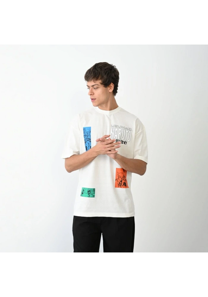 Erkek  Bisiklet Yaka Baskılı Oversize T-Shirt - Beyaz