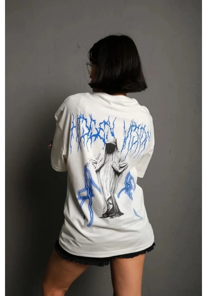 kadın Bisiklet Yaka Baskılı Oversize T-Shirt - Beyaz