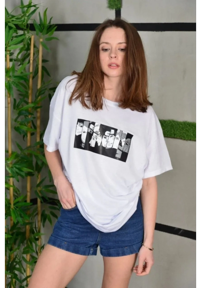 Kadın Bisiklet Yaka Baskılı Oversize T-Shirt - Beyaz