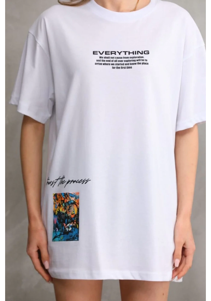 kadın Bisiklet Yaka Baskılı Oversize T-Shirt - Beyaz