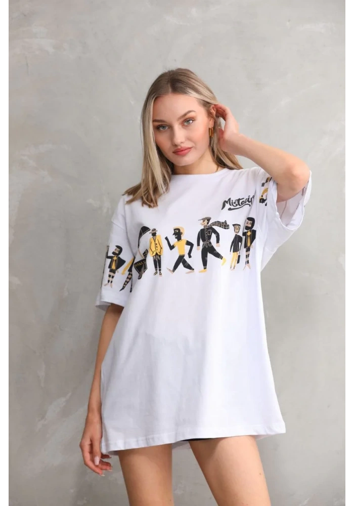 kadın  Bisiklet Yaka Baskılı Oversize T-Shirt - Beyaz