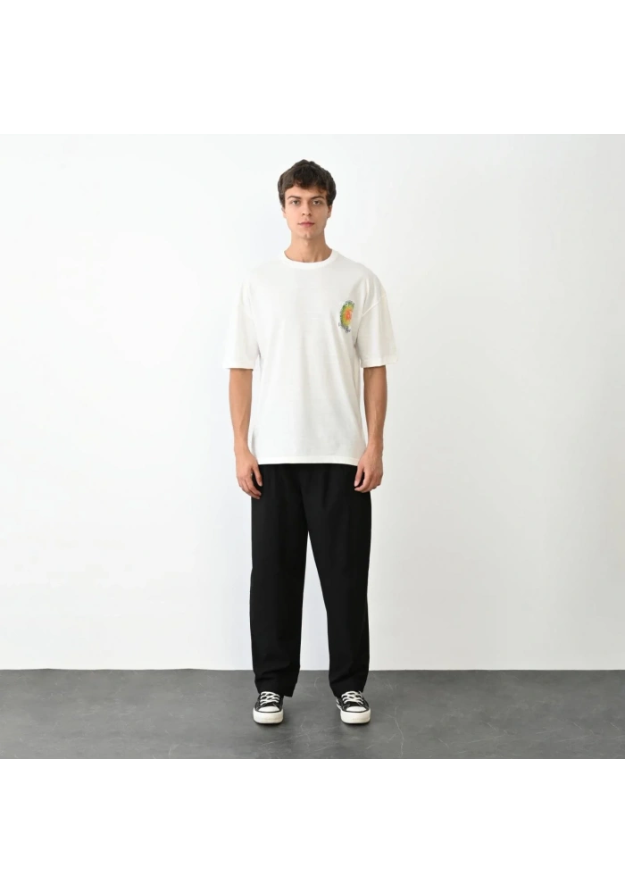 Erkek Bisiklet Yaka Baskılı Oversize T-Shirt - Beyaz