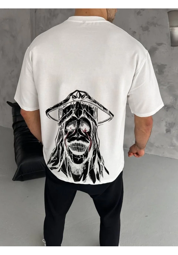 ERKEK Bisiklet Yaka kol ve arka Baskılı Oversize T-Shirt - Beyaz