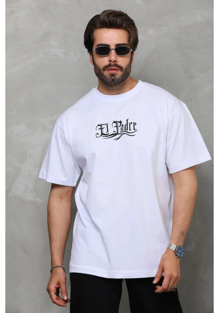 Erkek Bisiklet Yaka Baskılı Oversize T-Shirt - Beyaz