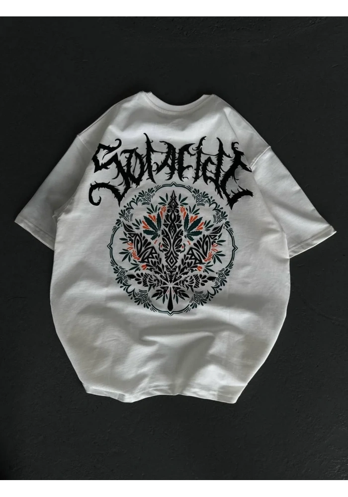 kadın Bisiklet Yaka Baskılı Oversize T-Shirt - Beyaz