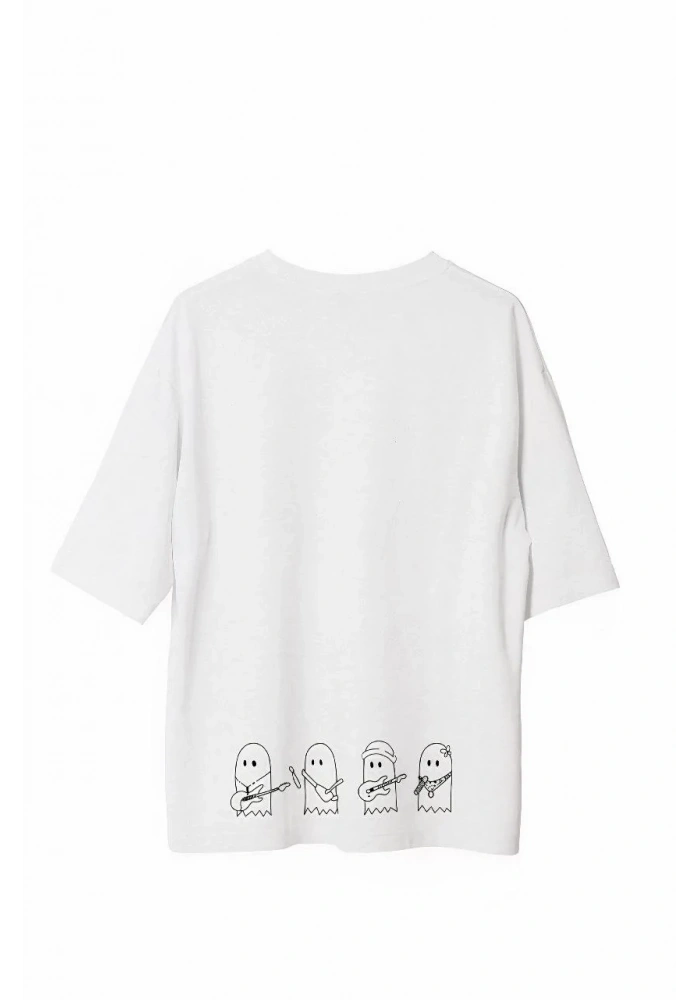 Erkek Bisiklet Yaka Baskılı Oversize T-Shirt - Beyaz