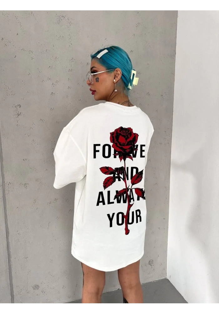 kadın Bisiklet Yaka Baskılı Oversize T-Shirt - Beyaz