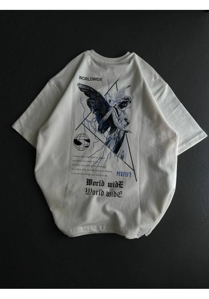 kadın Bisiklet Yaka Baskılı Oversize T-Shirt - Beyaz