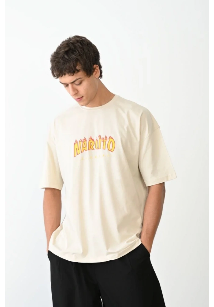 ERKEK Bisiklet Yaka Baskılı Oversize T-Shirt - Beyaz
