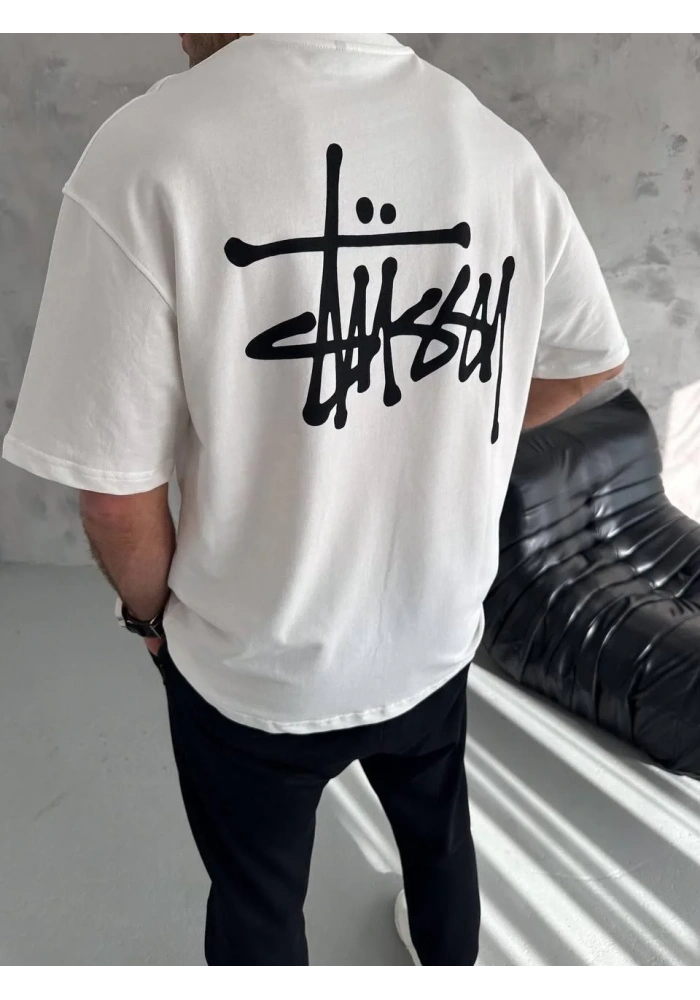 Bisiklet Yaka Baskılı Oversize T-Shirt - Beyaz