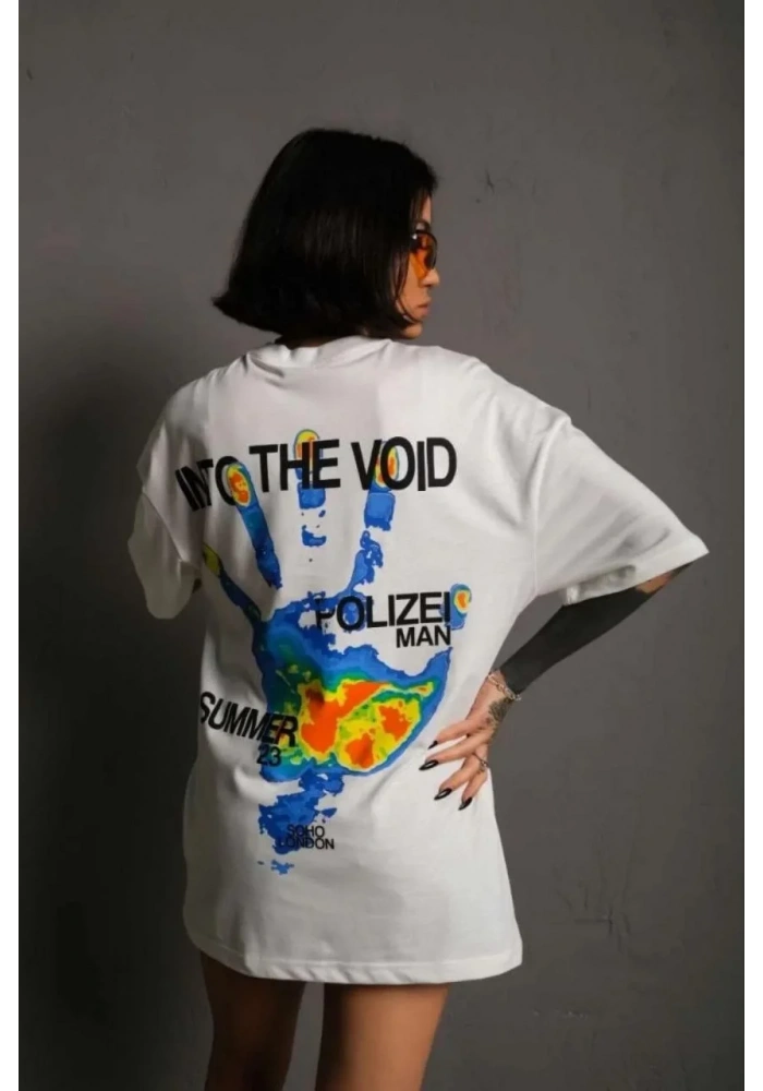 kadın Bisiklet Yaka Baskılı Oversize T-Shirt - Beyaz