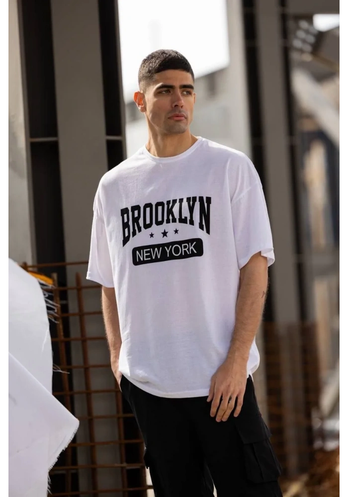 ERKEK Bisiklet Yaka Baskılı Oversize T-Shirt - Beyaz