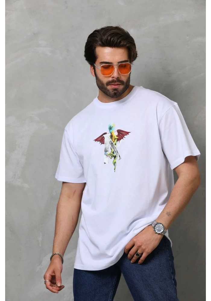 Erkek Bisiklet Yaka Baskılı Oversize - Beyaz