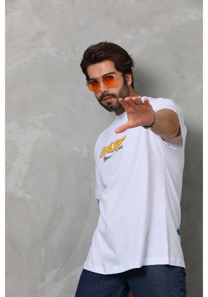 Erkek  Bisiklet Yaka Baskılı Oversize T-Shirt - Beyaz