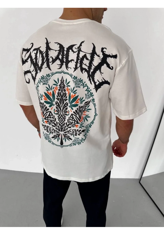 Erkek  Bisiklet Yaka Baskılı Oversize T-Shirt - Beyaz