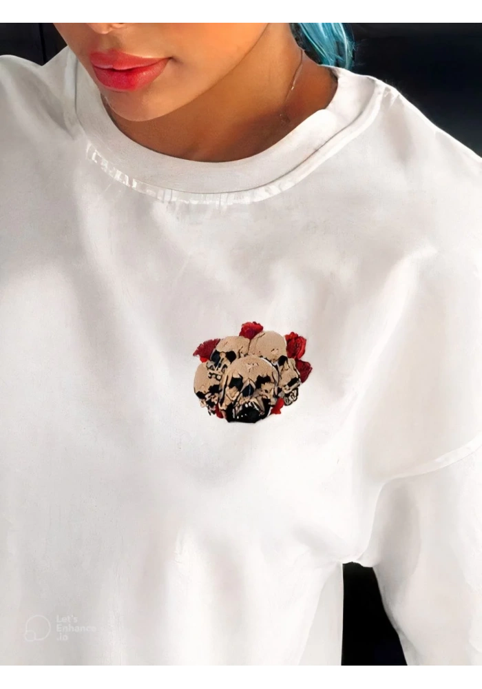 kadın Bisiklet Yaka Baskılı Oversize T-Shirt - Beyaz