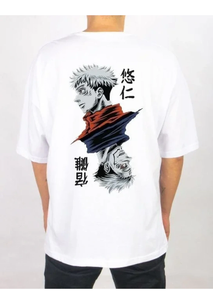ERKEK Bisiklet Yaka Baskılı Oversize T-Shirt - Beyaz