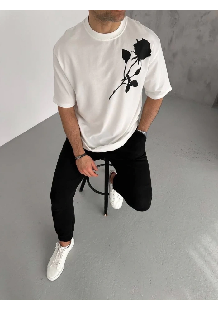 erkek Bisiklet Yaka Baskılı T-Shirt - Beyaz