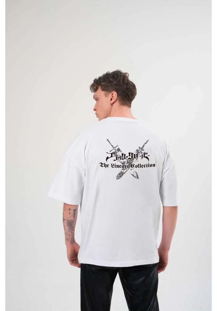 ERKEK Bisiklet Yaka Baskılı Oversize T-Shirt - Beyaz