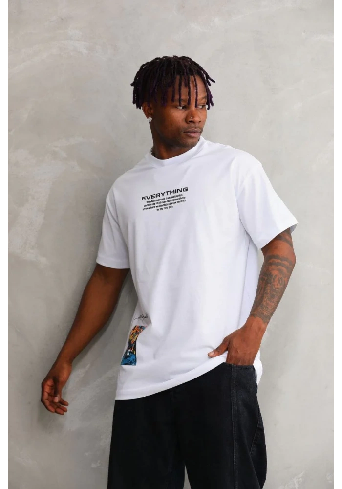 Erkek Bisiklet Yaka Baskılı Oversize T-Shirt - Beyaz