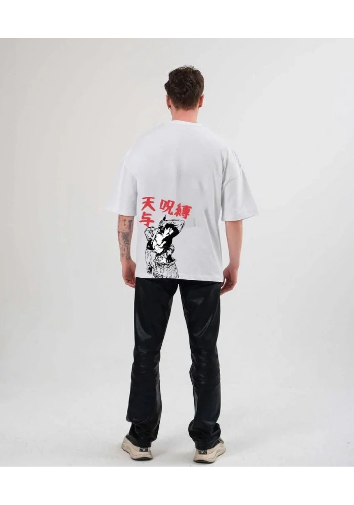 ERKEK Bisiklet Yaka ön ve sırt Baskılı Oversize T-Shirt - Beyaz