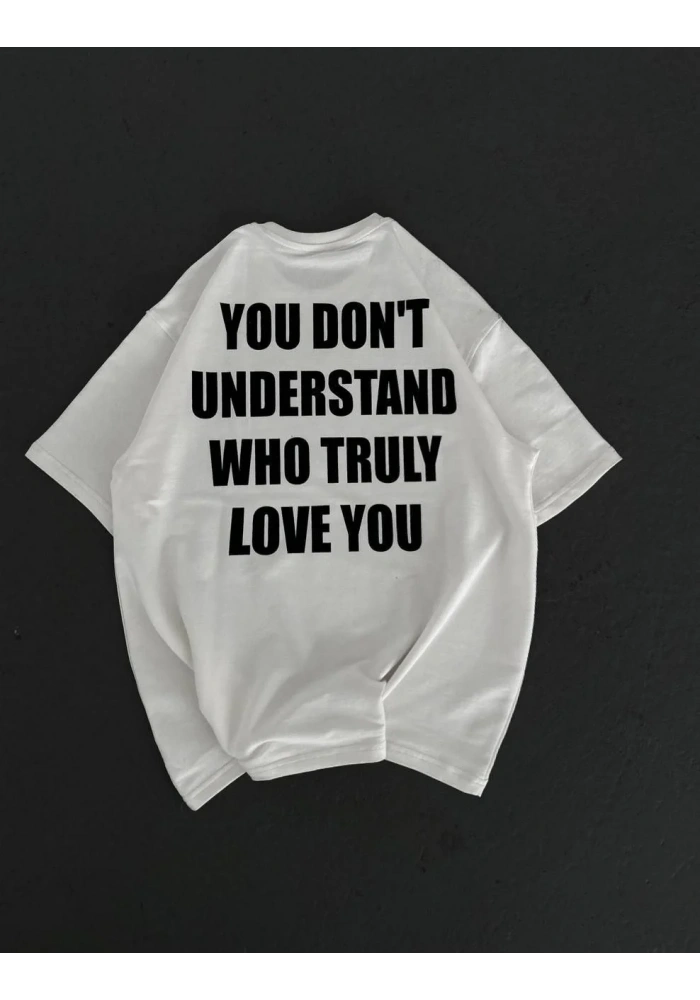 kadın Bisiklet Yaka Baskılı Oversize T-Shirt - Beyaz
