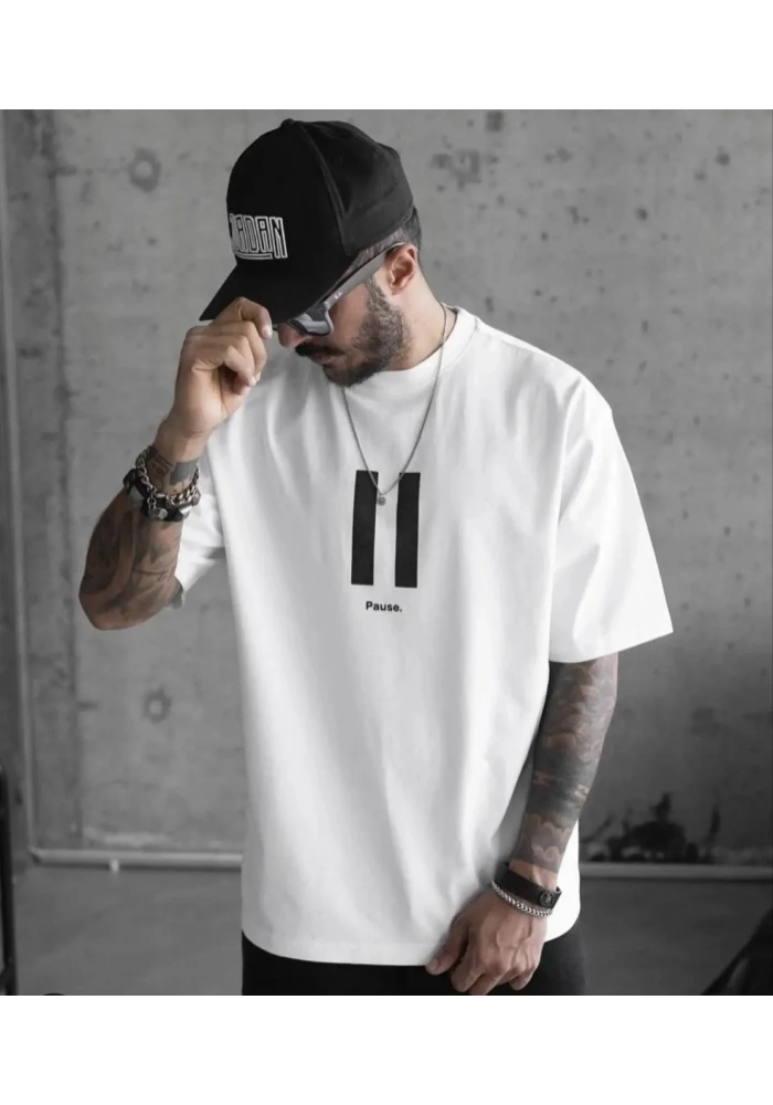 ERKEK Bisiklet Yaka Baskılı Oversize T-Shirt - Beyaz