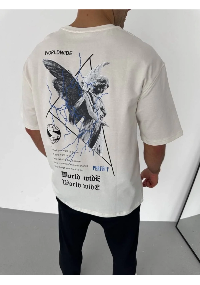 Erkek Bisiklet Yaka Baskılı Oversize T-Shirt - Beyaz