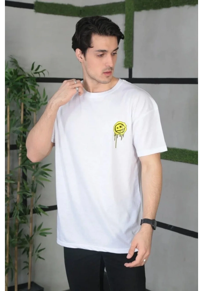 ERKEK Bisiklet Yaka Baskılı Oversize T-Shirt - Beyaz
