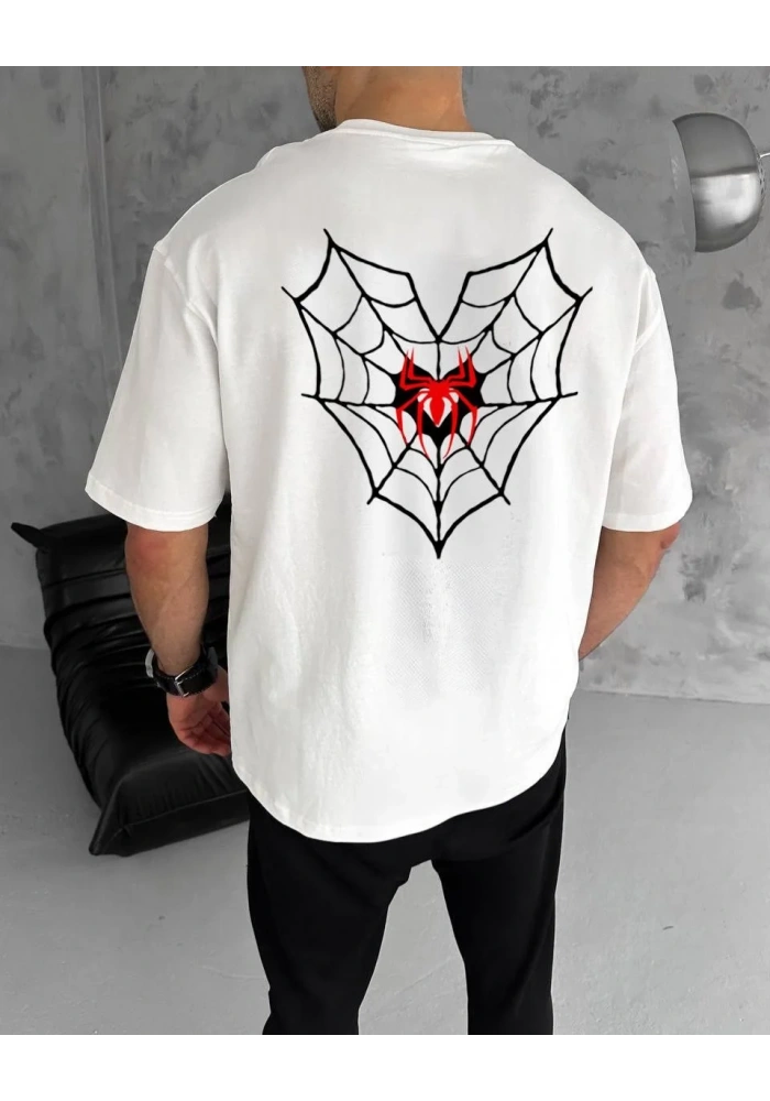 ERKEK Bisiklet Yaka Örümcek Baskılı Oversize T-Shirt - Beyaz